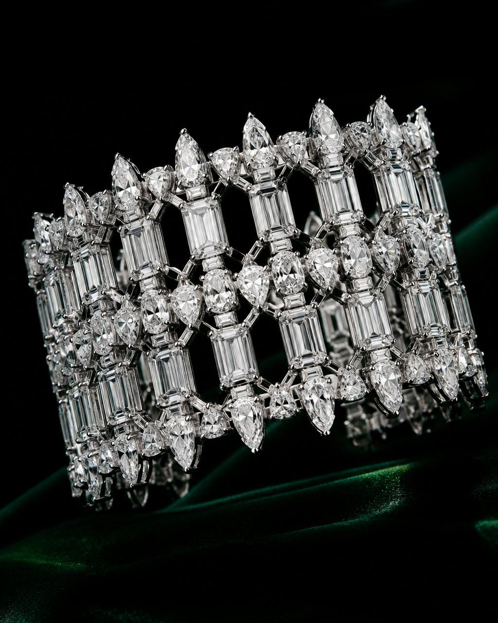 The Kavach Cuff — a lattice of emerald and pear diamonds